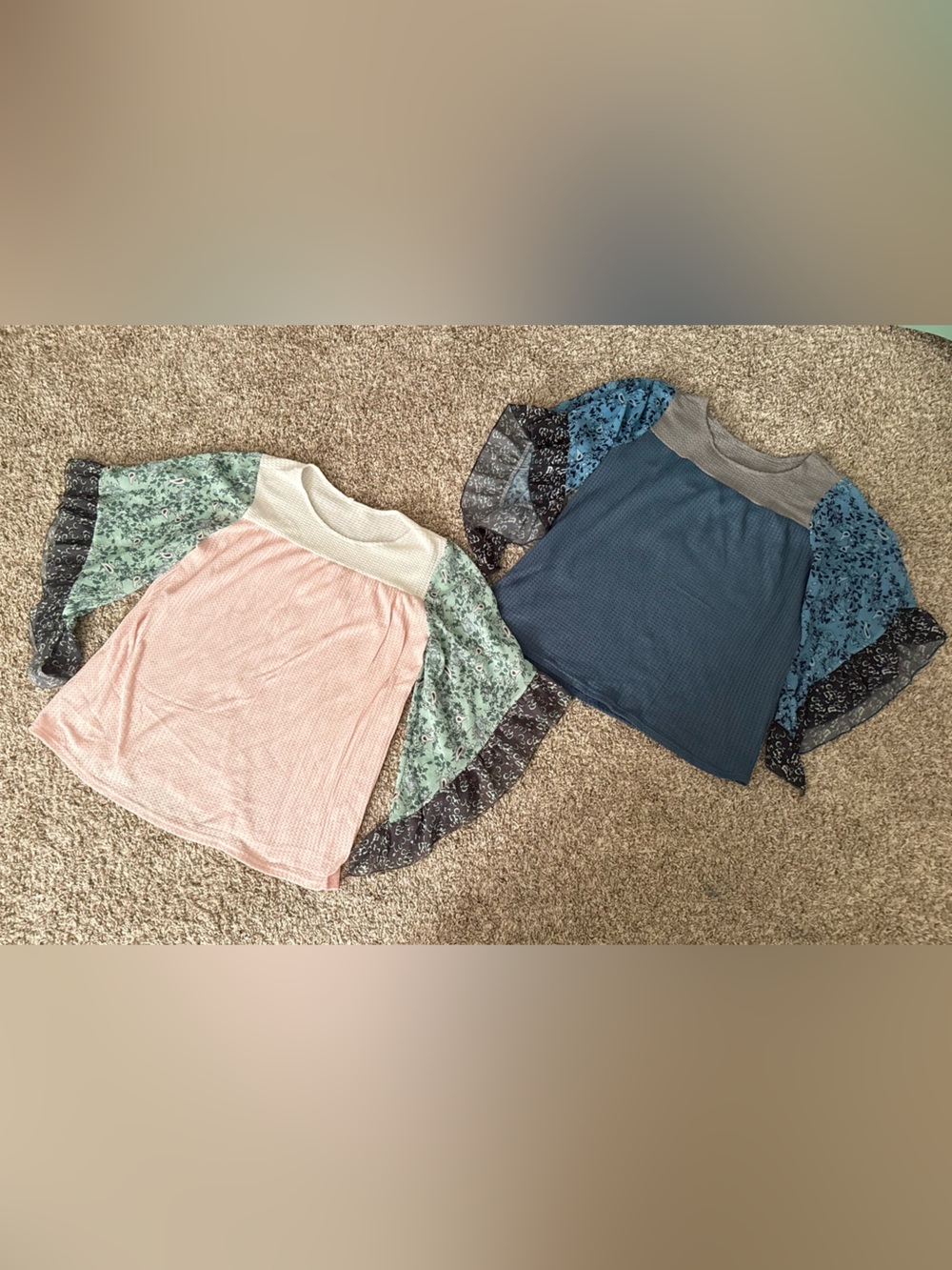 Mixed-Print Flutter Sleeve Blouse - Pink and Blue